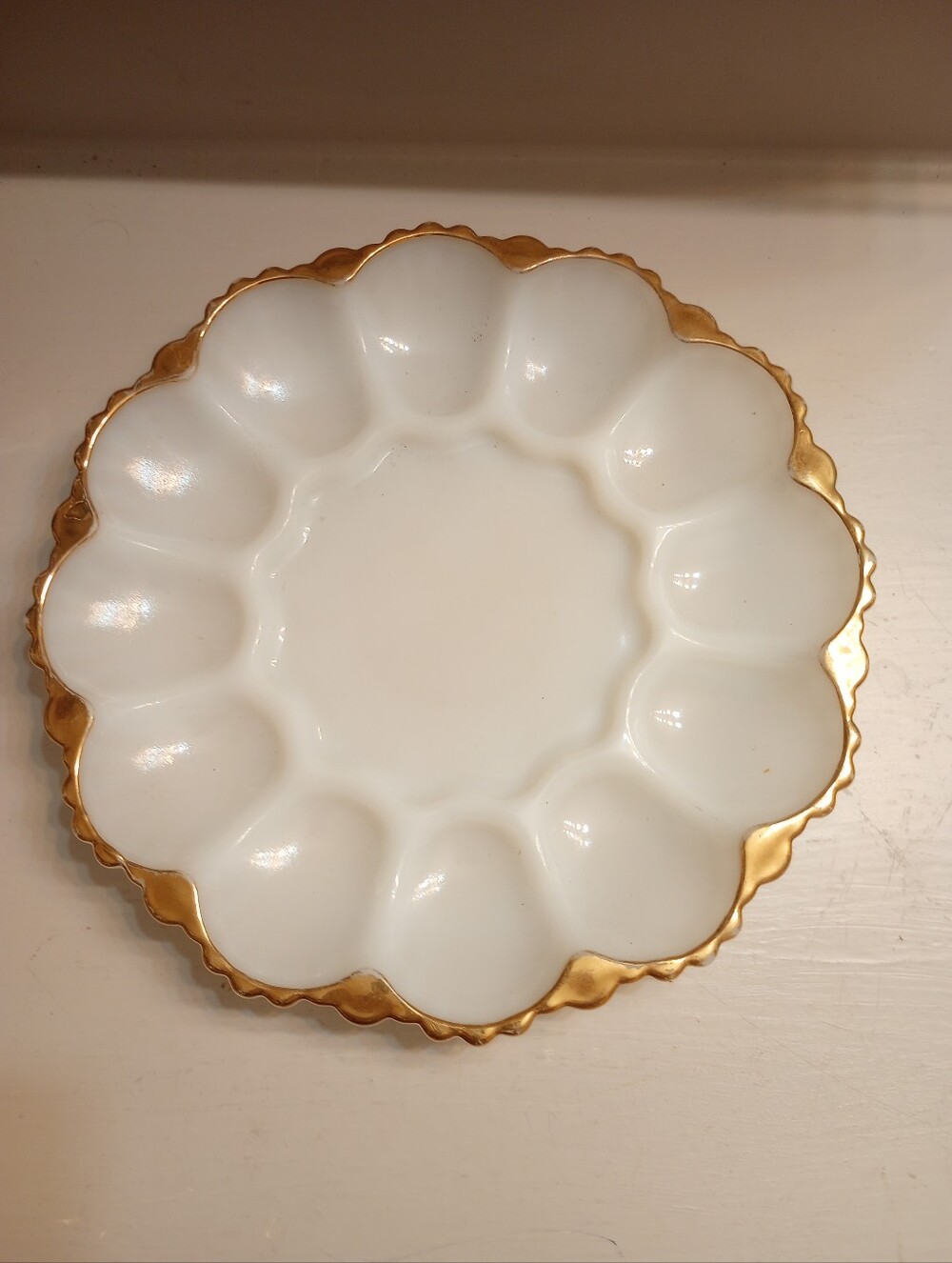 Anchor Hocking Vintage 1970's  Milk Glass With Gold Trim Deviled Egg Platter
